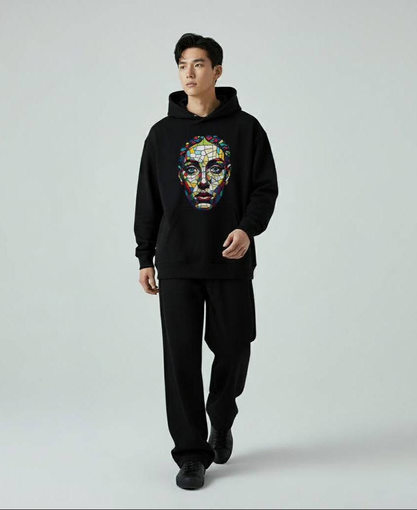 Black Oversized Hoodie with Glitch Art Graphic – Streetwear Hoodie for Men