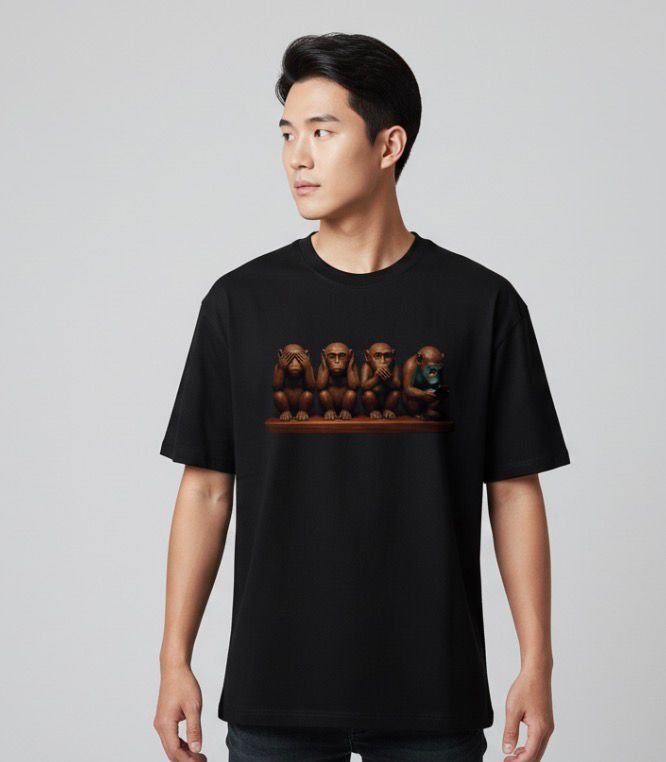 Men's Oversized "Modern Wise Monkeys" Black T-Shirt - Premium Cotton Streetwear
