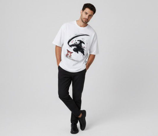 Men's White Oversized Samurai Panda T-Shirt - Japanese Ink Art Tee