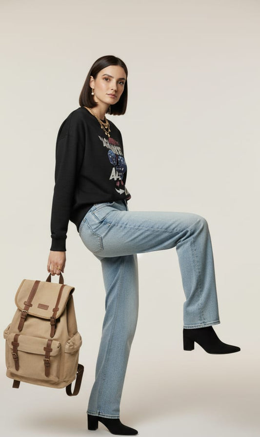 Black Graphic Sweatshirt – Casual Oversized Fit, Long Sleeve Pullover