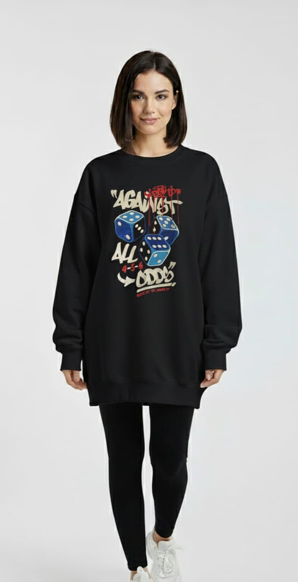 Black Graphic Sweatshirt – Casual Oversized Fit, Long Sleeve Pullover
