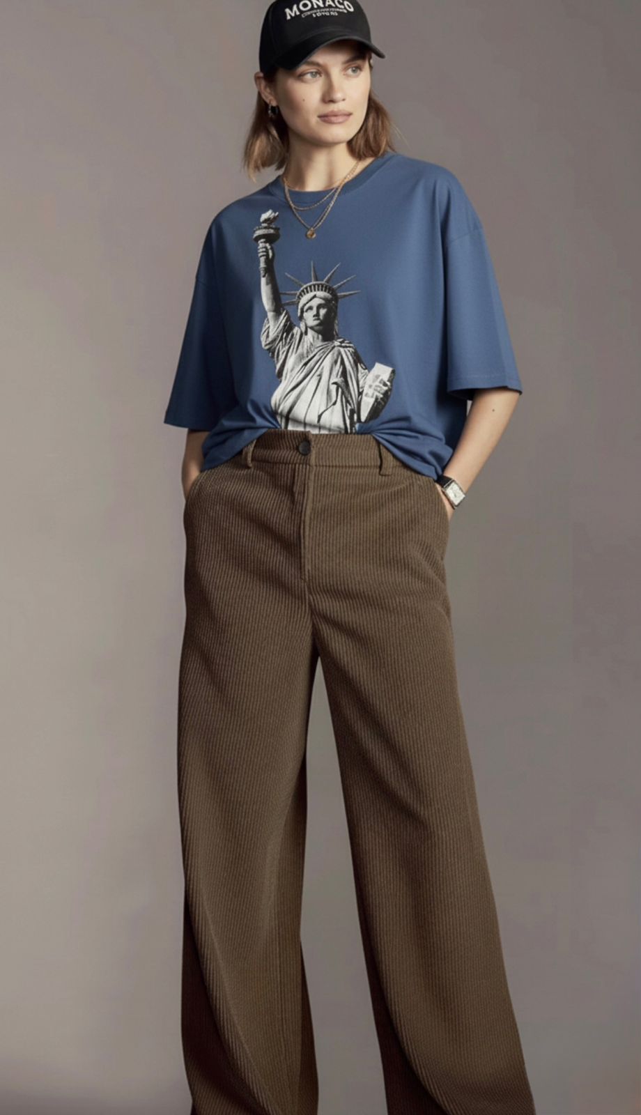 Oversized Black Statue of Liberty Print Graphic T-Shirt for Unisex