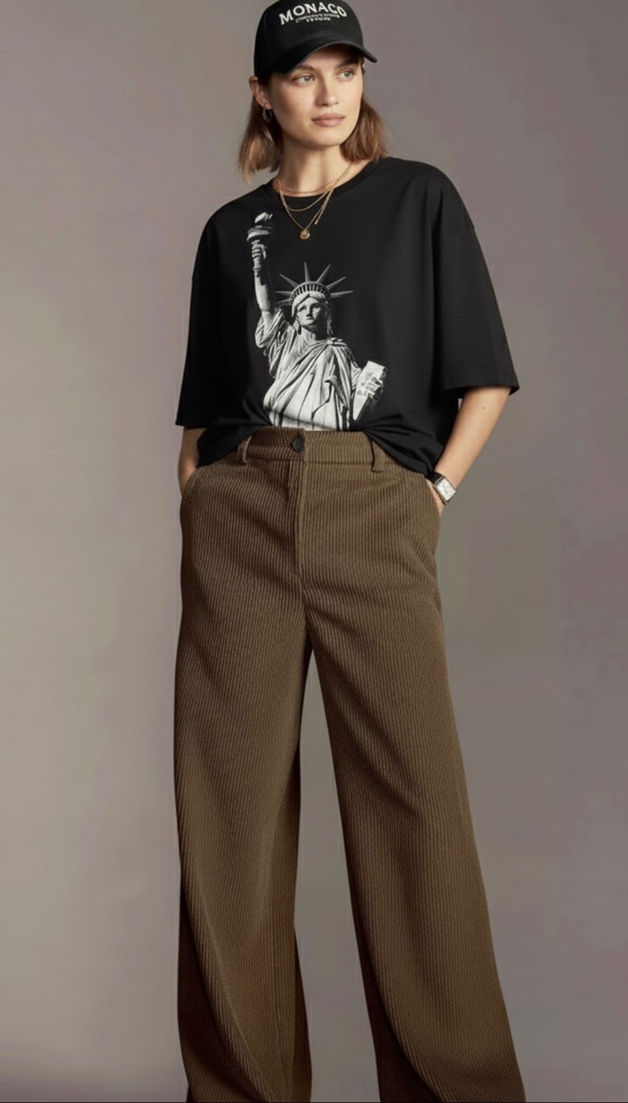 Oversized Black Statue of Liberty Print Graphic T-Shirt for Unisex