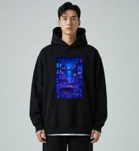 Neon City Graphic Black Oversized Hoodie for Men