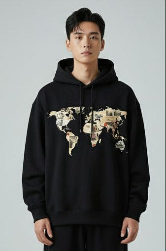 Black Oversized unisex Hoodie with World Map Graphic