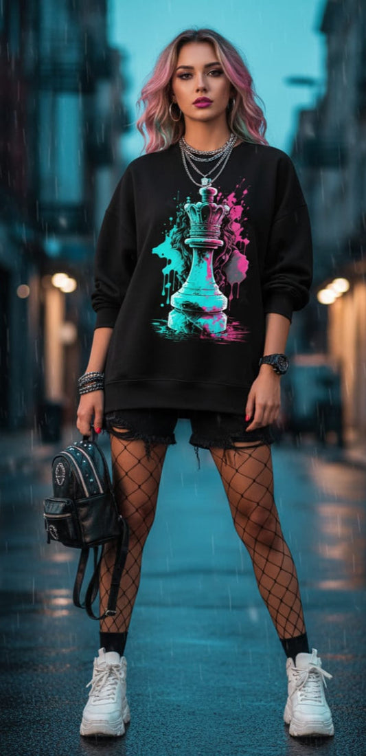 Oversized Black Sweatshirt with Neon King Chess Graphic