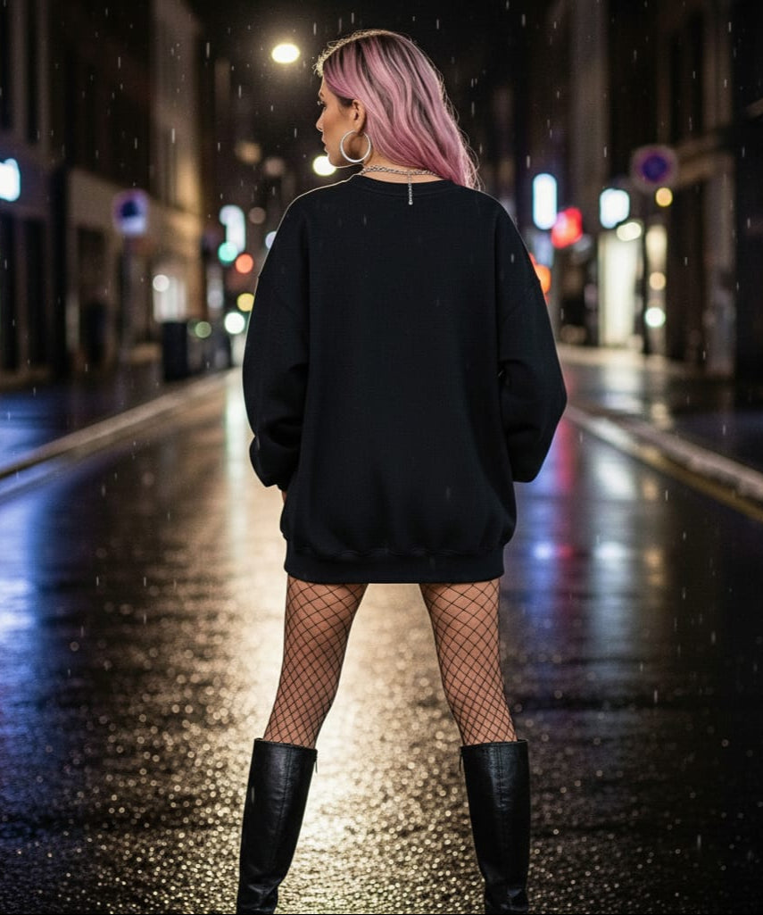 Oversized Black Sweatshirt with Neon King Chess Graphic