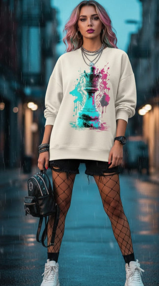 Off white Oversized Sweatshirt – Neon King Chess Print