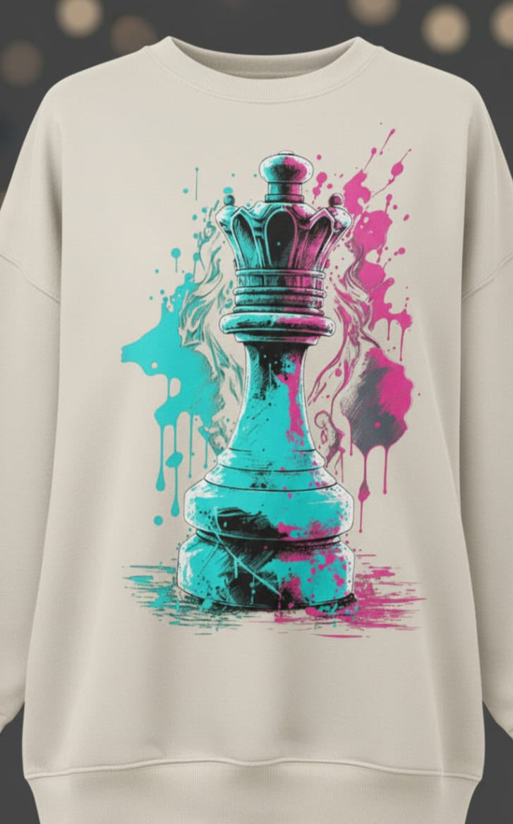 Off white Oversized Sweatshirt – Neon King Chess Print