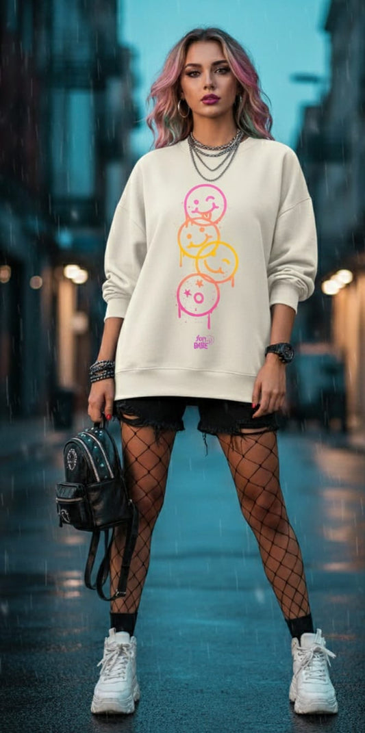 Off white Oversized Sweatshirt – Neon Drip Smiley Print