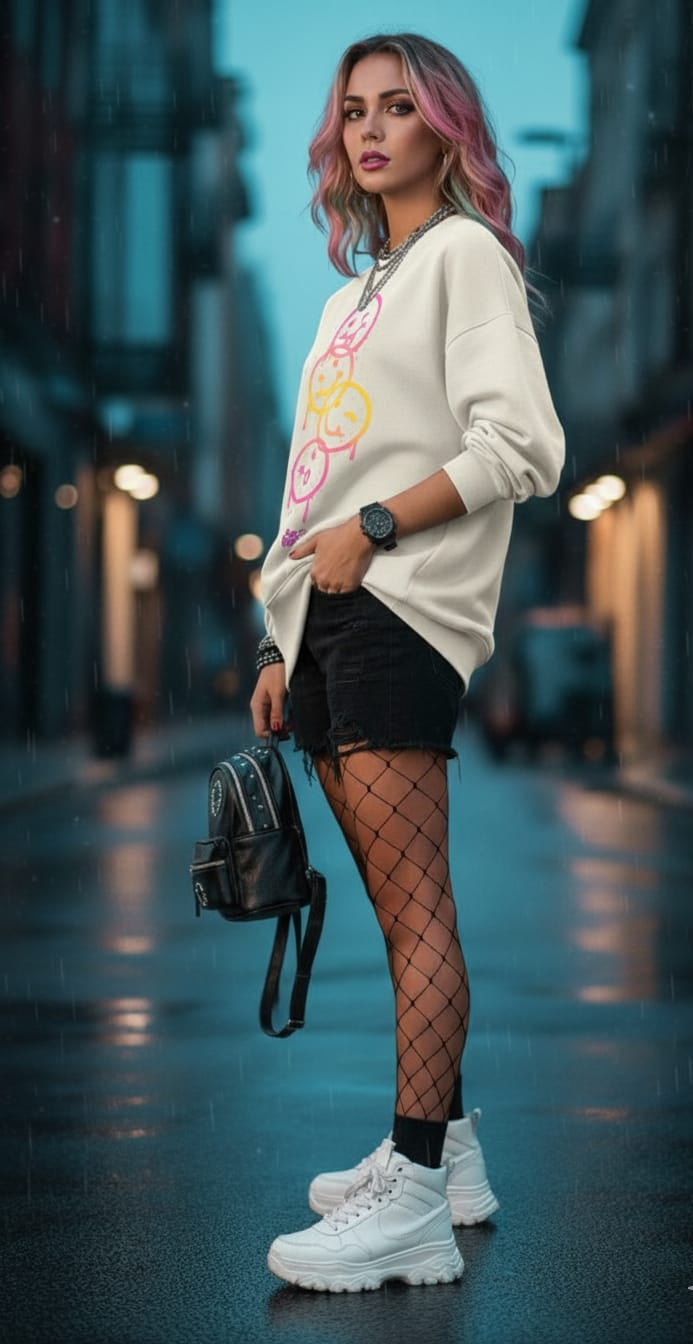 Off white Oversized Sweatshirt – Neon Drip Smiley Print