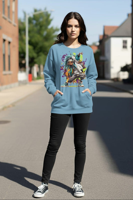 Blue Oversized Sweatshirt – Graffiti Street Dancer Print