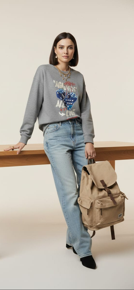 Women’s Grey Graphic Sweatshirt – Oversized Pullover with Dice Print