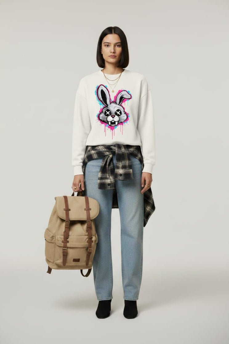 Women’s White Graphic Sweatshirt – Bunny Print Oversized Pullover