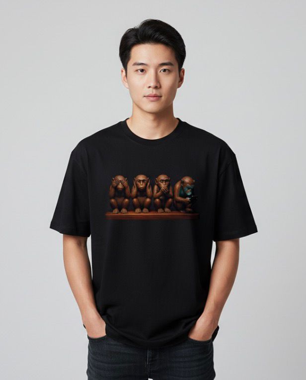 Men's Oversized "Modern Wise Monkeys" Black T-Shirt - Premium Cotton Streetwear