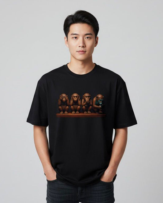 Men's Oversized "Modern Wise Monkeys" Black T-Shirt - Premium Cotton Streetwear