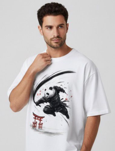 Men's White Oversized Samurai Panda T-Shirt - Japanese Ink Art Tee