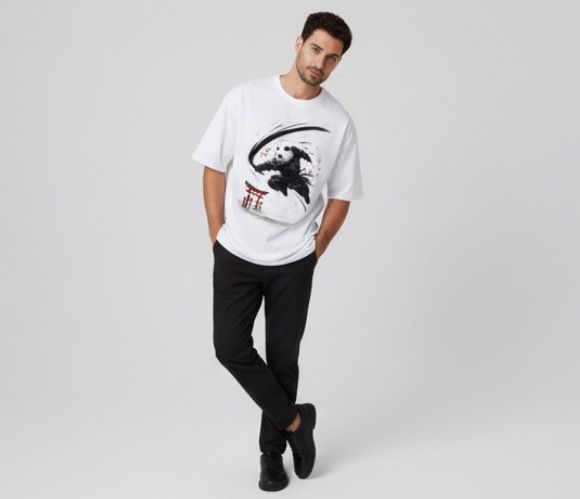Men's White Oversized Samurai Panda T-Shirt - Japanese Ink Art Tee