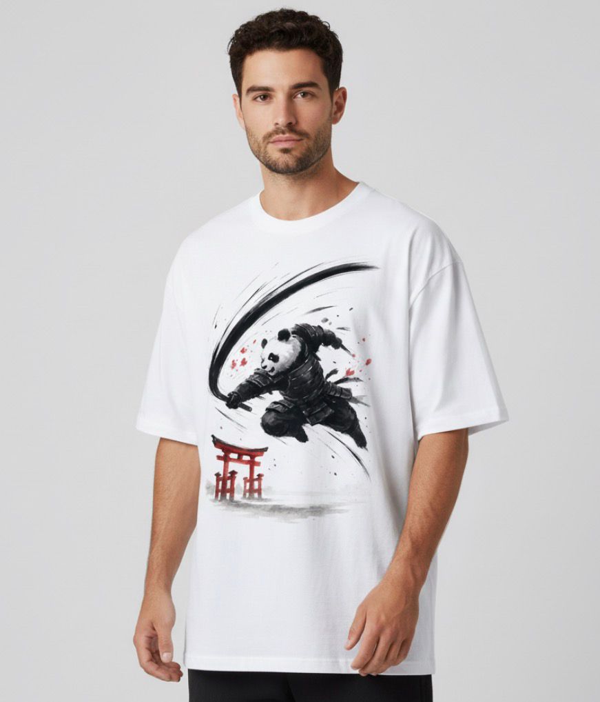 Men's White Oversized Samurai Panda T-Shirt - Japanese Ink Art Tee