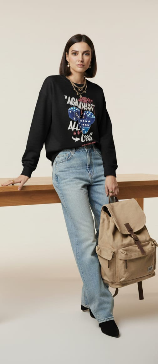 Black Graphic Sweatshirt – Casual Oversized Fit, Long Sleeve Pullover