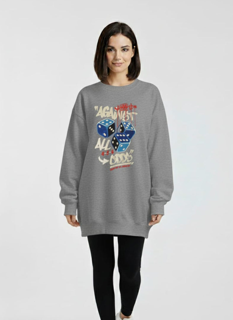 Women’s Grey Graphic Sweatshirt – Oversized Pullover with Dice Print